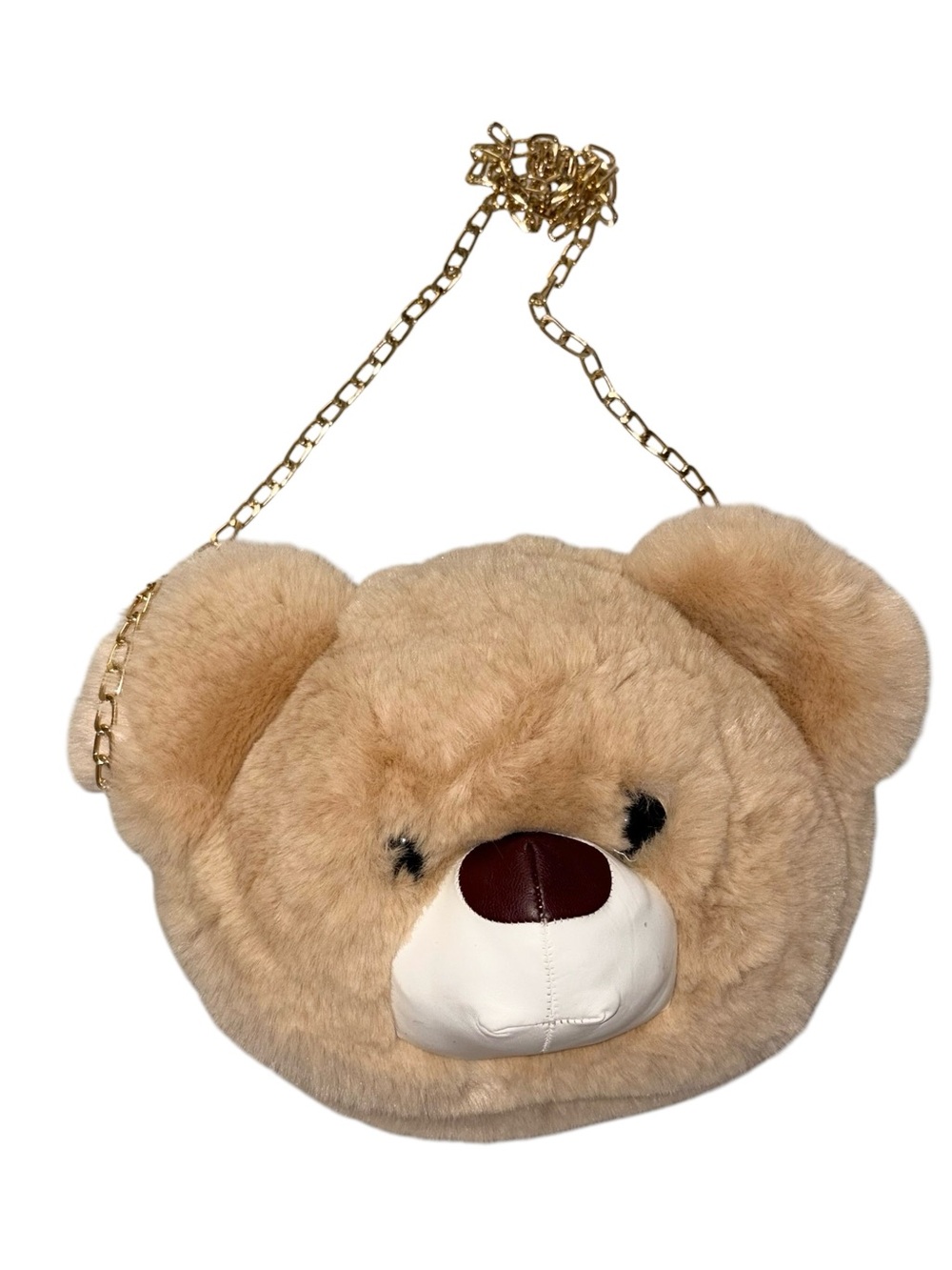 Plush Teddy Bear Crossbody Bag in Beige with Gold Chain